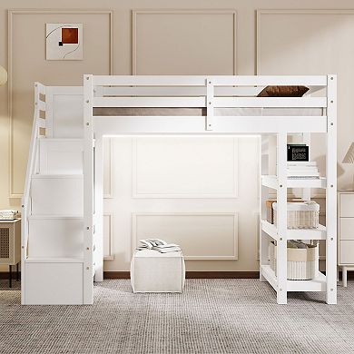 Loft Bed with Shelves Storage Staircase Small Wardrobe and White LED Light for Bedroom White