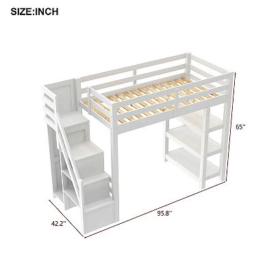 Loft Bed with Shelves Storage Staircase Small Wardrobe and White LED Light for Bedroom White