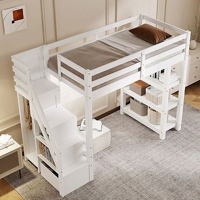 Loft Bed with Shelves Storage Staircase Small Wardrobe and White LED Light for Bedroom White