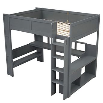 Wood Gaming Loft Bed with Desk Storage LED and Charging Station for Kids Dark Gray