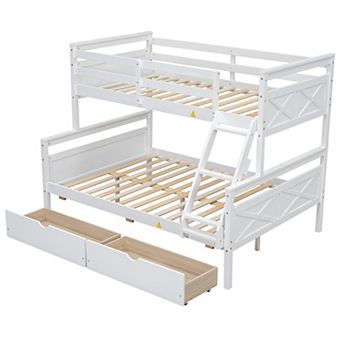 Twin over Full Bunk Bed with Ladder Two Storage Drawers and Safety Guardrail for Bedroom White
