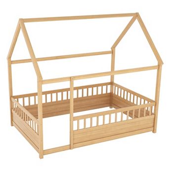 Floor Wood Bed with Fence House Bed for Kids Natural