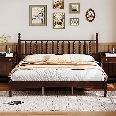 Wood Platform Bed with Gourd Shaped Headboard Retro Style with Wooden Slat Support