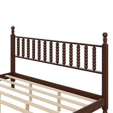 Wood Platform Bed with Gourd Shaped Headboard Retro Style with Wooden Slat Support