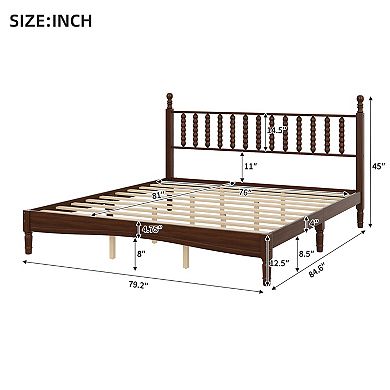 Wood Platform Bed with Gourd Shaped Headboard Retro Style with Wooden Slat Support