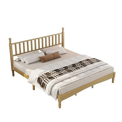 Wood Platform Bed with Gourd Shaped Headboard Retro Style with Wooden Slat Support