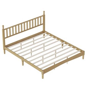 Wood Platform Bed with Gourd Shaped Headboard Retro Style with Wooden Slat Support