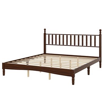 Wood Platform Bed with Gourd Shaped Headboard Retro Style with Wooden Slat Support