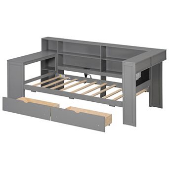 Twin Wood Platform Bed with Storage Drawers Charging Station LED Desk Upholstered Headboard