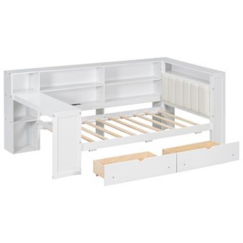 Twin Wood Platform Bed with Storage Drawers Charging Station LED Desk Upholstered Headboard