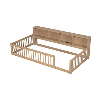 Wood Twin XL Size Floor Bed with Storage Cabinets and USB Ports for Bedroom
