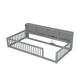 Wood Twin XL Size Floor Bed with Storage Cabinets and USB Ports for Bedroom
