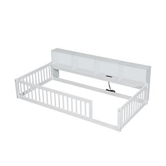 Wood Twin XL Size Floor Bed with Storage Cabinets and USB Ports for Bedroom