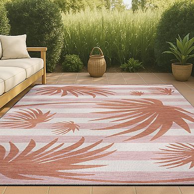 Veronica Classic Beach Stripe and Palm Leaf Indoor/Outdoor Area Rug