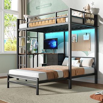 Metal Bunk Bed Folding Table Storage LED Charger Safety Railings Ladder Black