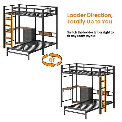 Metal Bunk Bed Folding Table Storage LED Charger Safety Railings Ladder Black