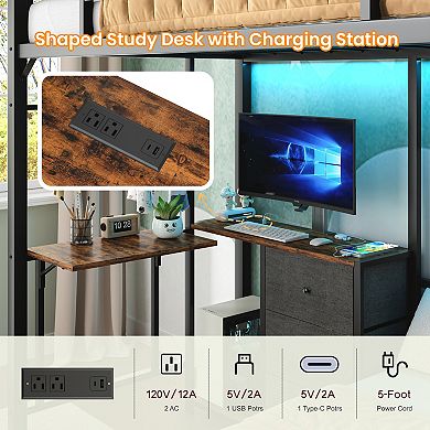 Metal Bunk Bed Folding Table Storage LED Charger Safety Railings Ladder Black
