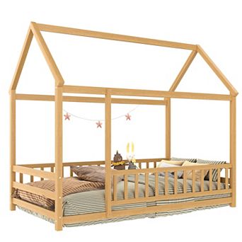 Twin Size Floor Wooden Bed with House Roof Frame and Fence Guardrails for Kids Bedroom Natural