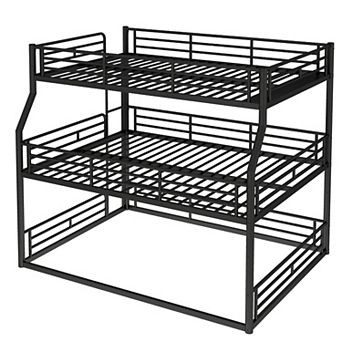 Full XL over Queen over Queen Metal Triple Bunk Bed with Safety Guardrails and Noise Reduced Design