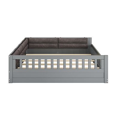 Wood Full Size Upholstered Platform Bed with Guardrail and Pillow
