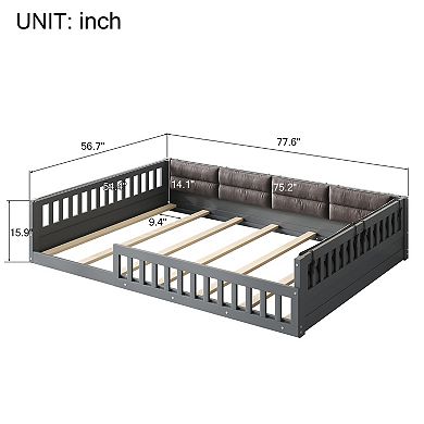 Wood Full Size Upholstered Platform Bed with Guardrail and Pillow