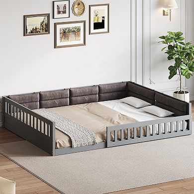 Wood Full Size Upholstered Platform Bed with Guardrail and Pillow
