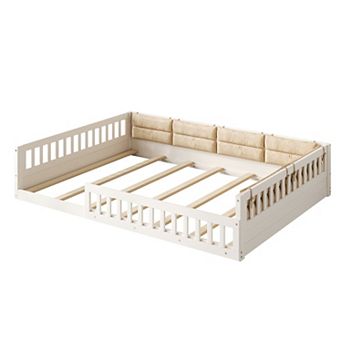 Wood Full Size Upholstered Platform Bed with Guardrail and Pillow