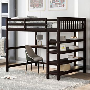 Full Size Loft Bed with 4-Storage Shelves and Under-Bed Desk Wood Loft Bed for Bedroom Espresso