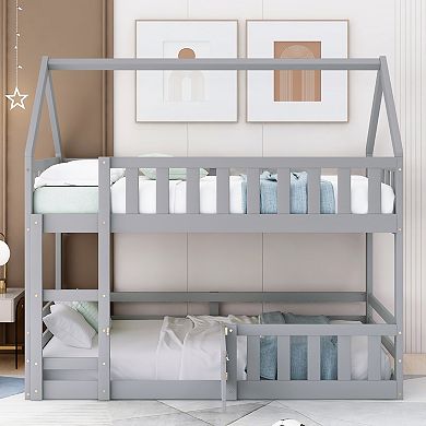 Twin over Twin House Bunk Bed with Fence and Door