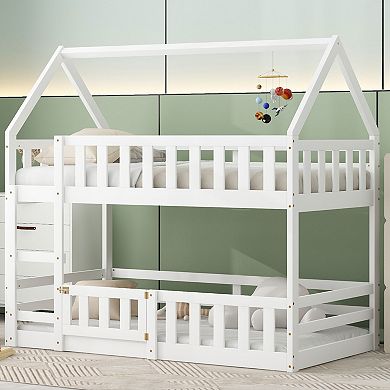 Twin over Twin House Bunk Bed with Fence and Door