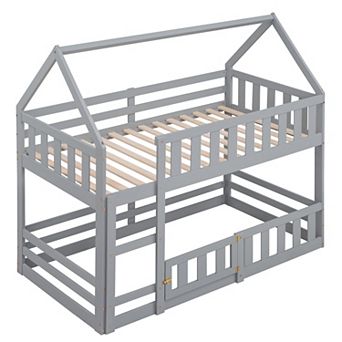 Twin over Twin House Bunk Bed with Fence and Door