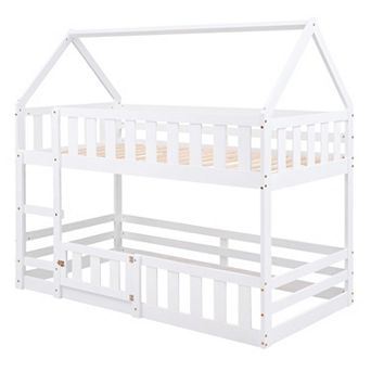 Twin over Twin House Bunk Bed with Fence and Door