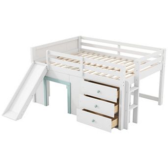 Full Size Low Loft Bed with Slide Three Storage Drawers and Two Doors White
