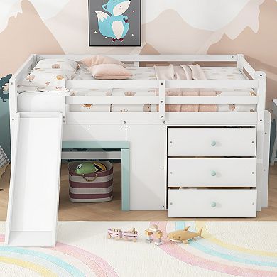 Full Size Low Loft Bed with Slide Three Storage Drawers and Two Doors White