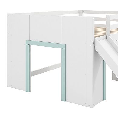 Full Size Low Loft Bed with Slide Three Storage Drawers and Two Doors White