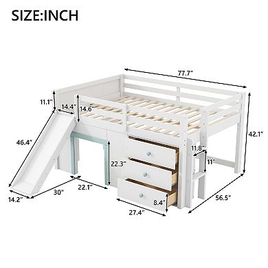 Full Size Low Loft Bed with Slide Three Storage Drawers and Two Doors White