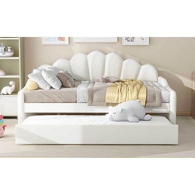 Full Size Upholstery Daybed Frame with Shell Shaped Backrest and Trundle for Guest Room White