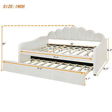 Full Size Upholstery Daybed Frame with Shell Shaped Backrest and Trundle for Guest Room White
