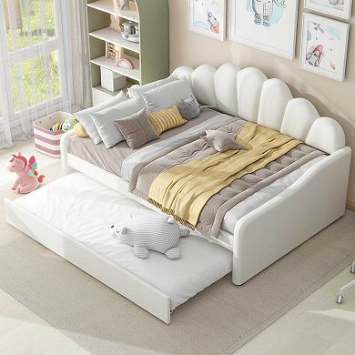 Full Size Upholstery Daybed Frame with Shell Shaped Backrest and Trundle for Guest Room White
