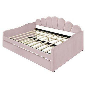 Full Size Upholstery Daybed Frame with Shell Shaped Backrest and Trundle for Guest Room White