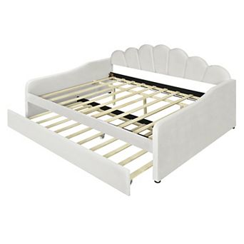 Full Size Upholstery Daybed Frame with Shell Shaped Backrest and Trundle for Guest Room White