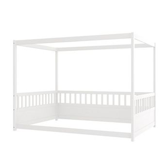 Full Size Canopy Bed Frame with Guardrails Four Poster Design Montessori Floor Bed for Kids