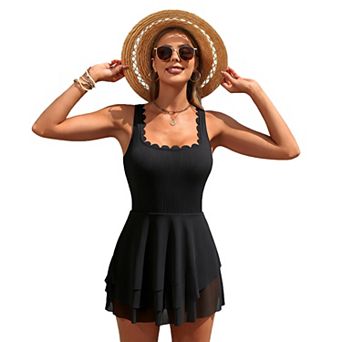 Charmo Women Feminine Ribbed Scallop Neck Tiered Mesh Skirted One Piece Swimsuit