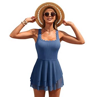 Charmo Women Feminine Ribbed Scallop Neck Tiered Mesh Skirted One Piece Swimsuit
