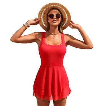 Charmo Women Feminine Ribbed Scallop Neck Tiered Mesh Skirted One Piece Swimsuit
