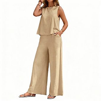 Women's 2 pc Casual Lounge Set Round Neck Sleeveless Tank Top Wide Leg Pants Summer