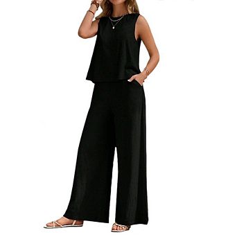 Women's 2 pc Casual Lounge Set Round Neck Sleeveless Tank Top Wide Leg Pants Summer