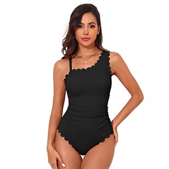 Charmo Women Elegant Ribbed Scallop Edge Asymmetric Shoulder Tie Back One Piece Swimsuit