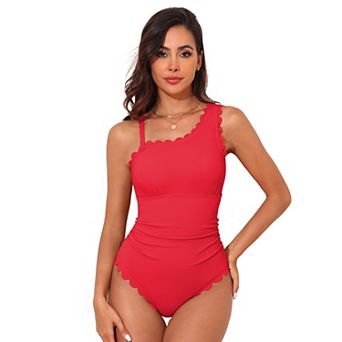 Charmo Women Elegant Ribbed Scallop Edge Asymmetric Shoulder Tie Back One Piece Swimsuit
