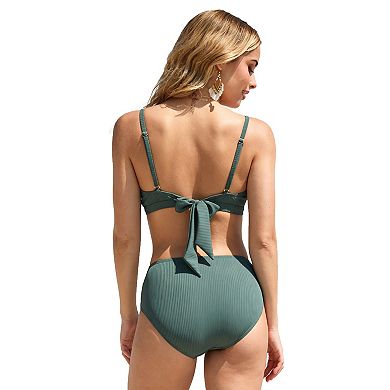 Charmo Women Boho Ribbed Scallop Edge Wrap Skirt 3 Piece Bikini Set